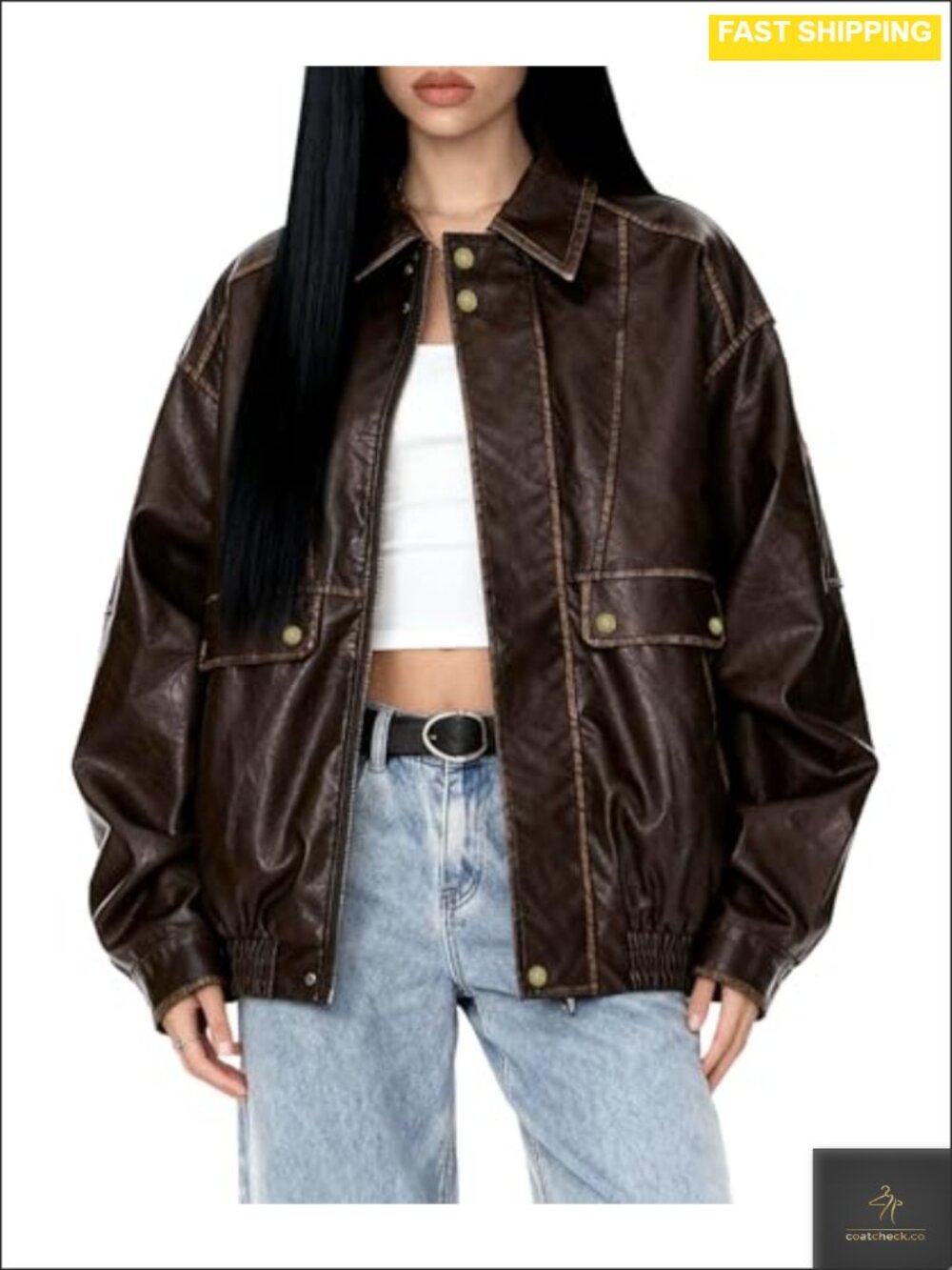 Womens Oversized Faux Leather Jacket Vintage Motorcycle Coat